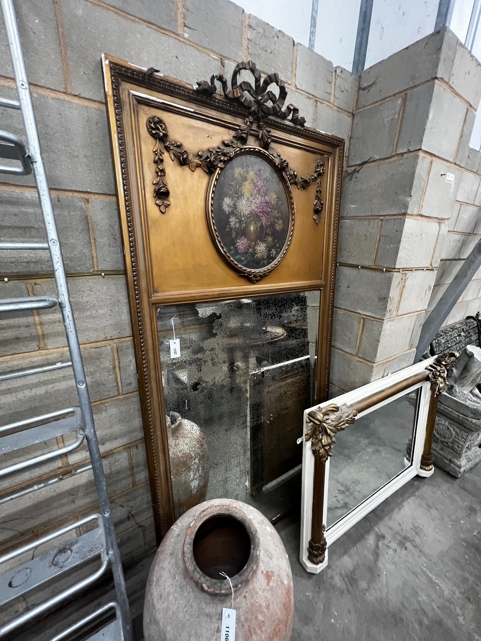 A large French painted, gilt wood and gesso Trumeau mirror, width 99cm height 208cm